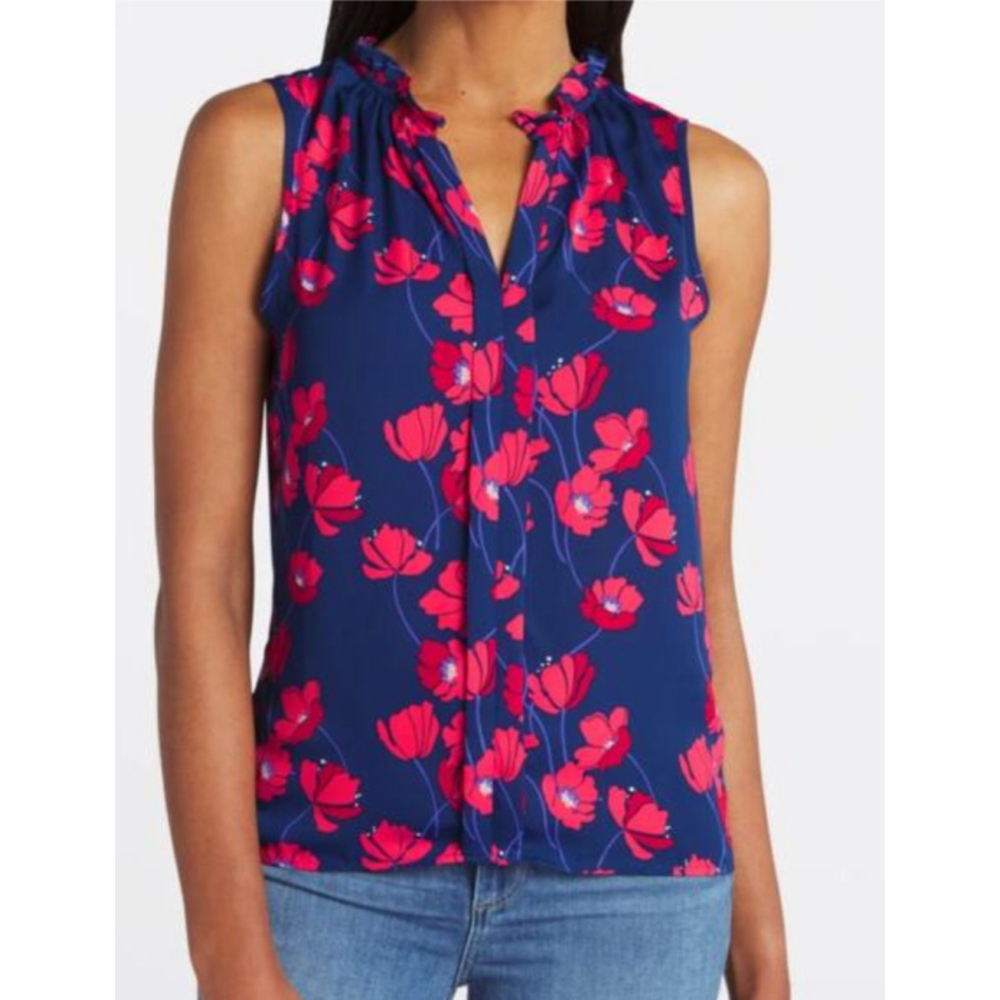 41 Hawthorn Stitch Fix Petite Sleeveless Blouse Navy Red Poppy Floral Top Orlee